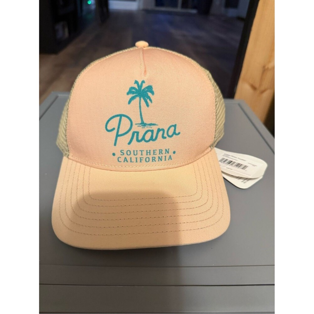 Prana Lower Pines Sun Kissed Prana Palm Peach Trucker Cap with Teal Palm Logo